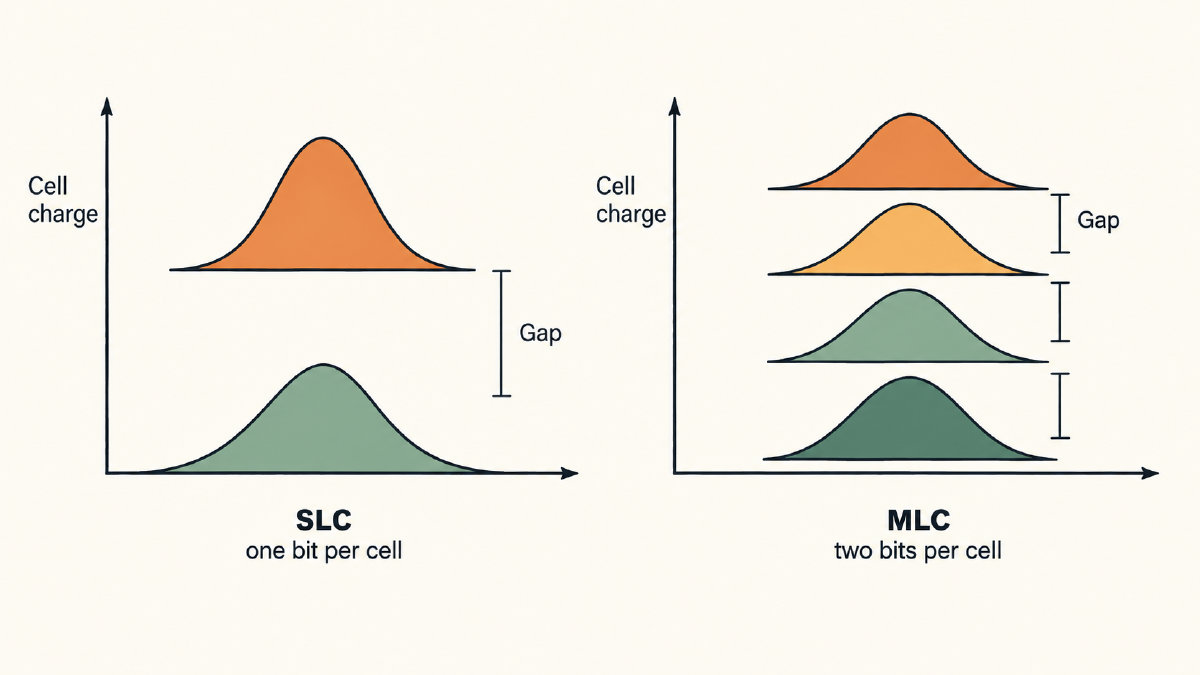 Conceptual comparison of two widely separated SLC states and four more closely spaced MLC states, storing one and two bits per cell respectively.