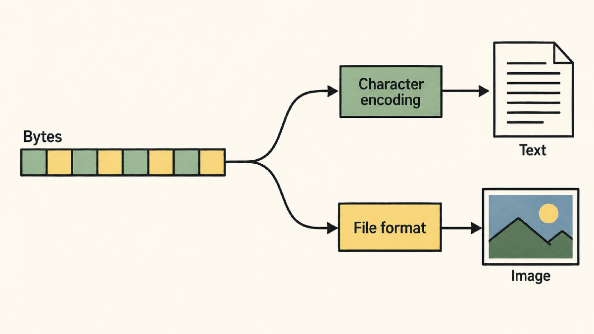 Diagram showing bytes interpreted through a character encoding as text or through a file format as an image.