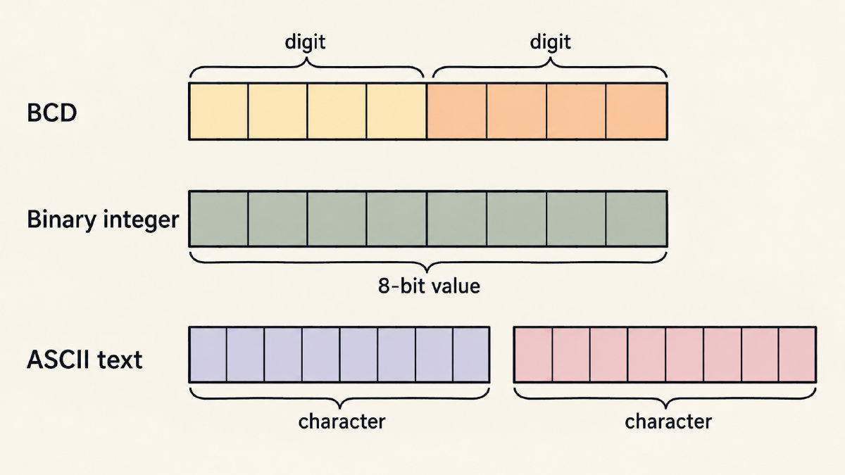 Storage grouping comparison: two four-bit BCD digits, one eight-bit integer field, and two eight-bit ASCII character bytes.