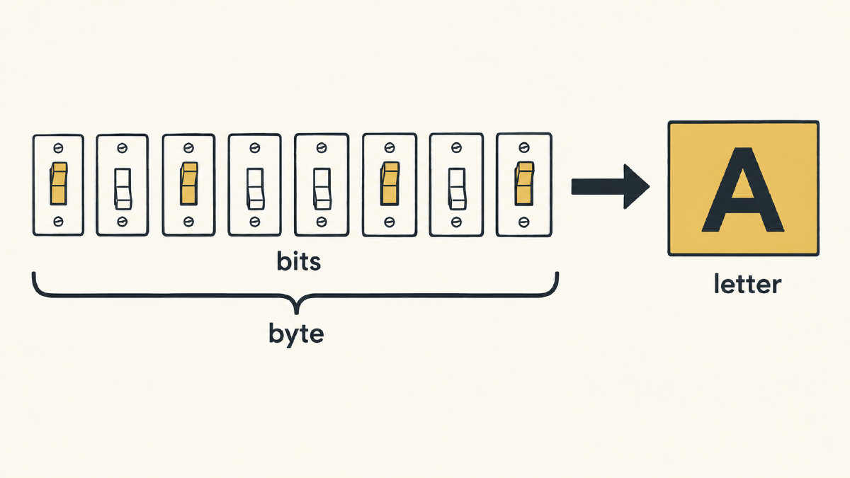 Diagram of eight on/off switches grouped into a byte, with an arrow pointing to a letter tile