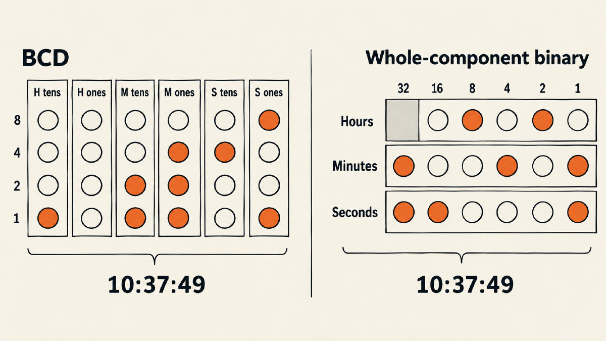 LED-array comparison of 10:37:49 in six-column BCD and three-row whole-component binary, with position weights labeled.